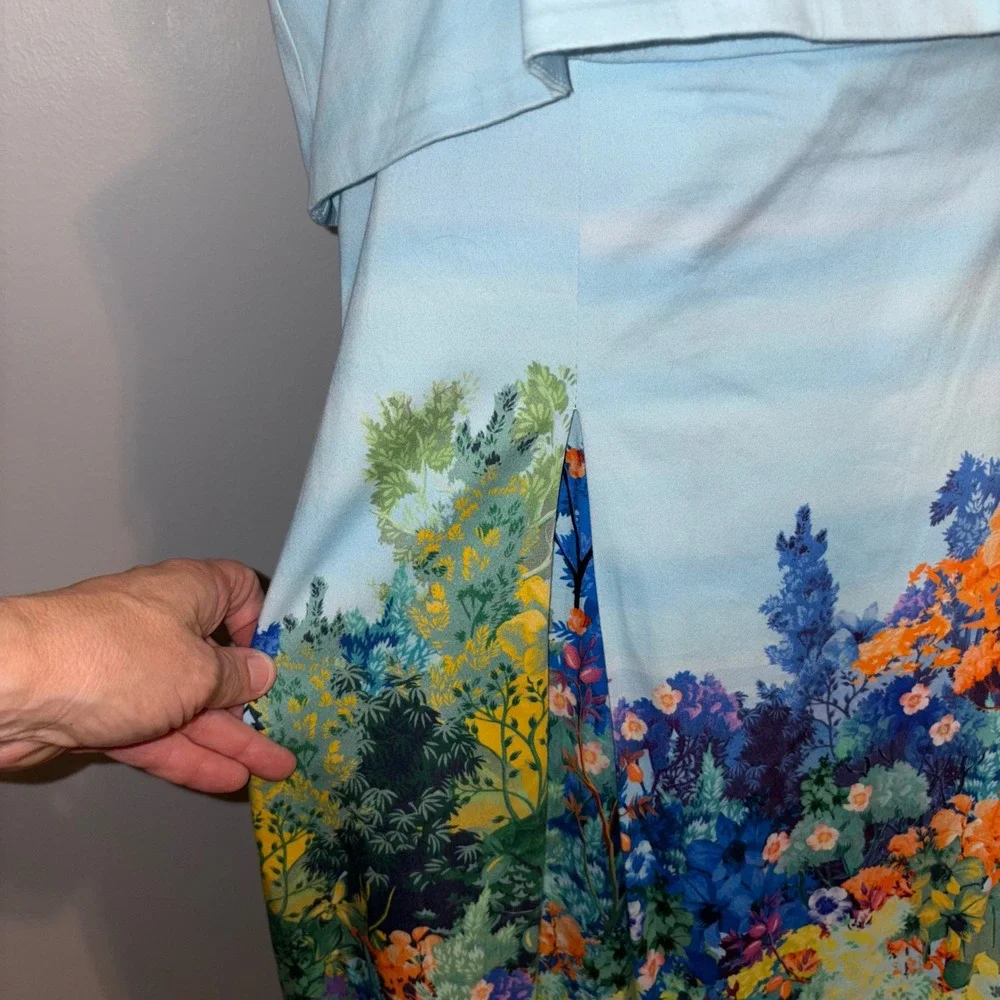 Anthropologie sleeveless fold over knee‎ length Dress floral Midi Blue Size L - Picture 6 of 14